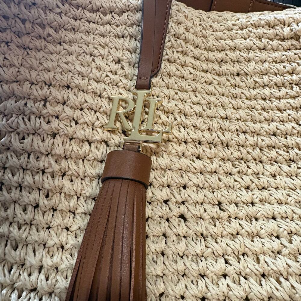 Lauren Ralph Lauren Whitney Medium Crochet Straw Tote Bag Tan Leather Tassel - Picture 4 of 16